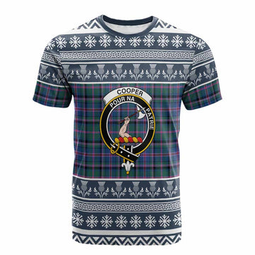 Cooper Clan Tartan Christmas Cotton T-shirt with Family Crest
