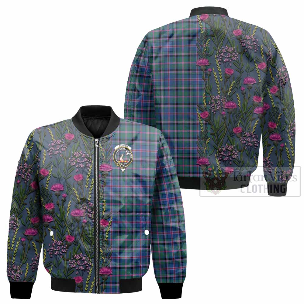 Cooper Family Crest Tartan Bomber Jacket Scottish Thistle Flower Pattern Half Style - Tartan Vibes Clothing