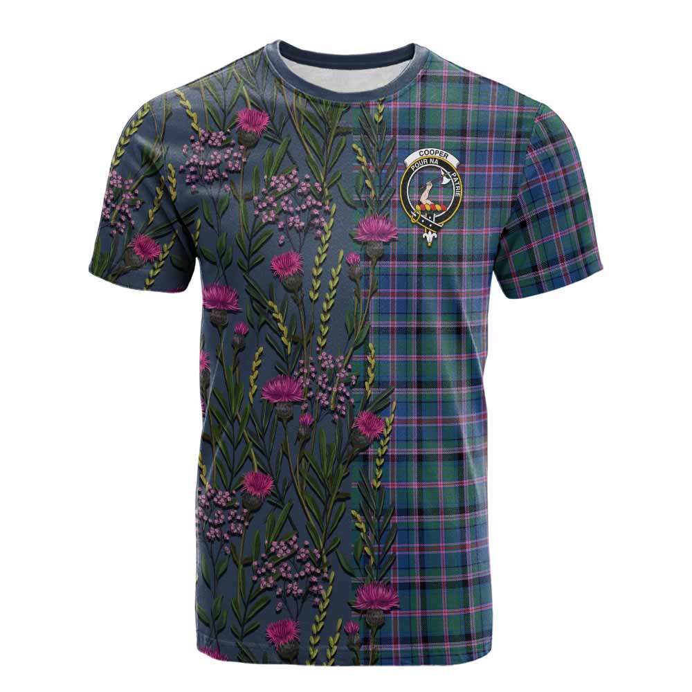 Cooper Family Crest Tartan Cotton T-shirt Scottish Thistle Flower Pattern Half Style - Tartan Vibes Clothing