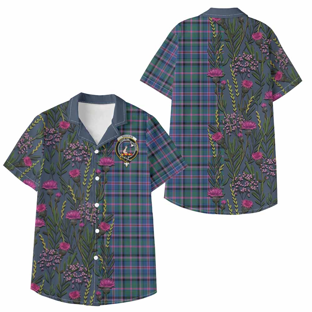 Cooper Family Crest Tartan Kid Hawaiian Shirt Scottish Thistle Flower Pattern Half Style - Tartan Vibes Clothing