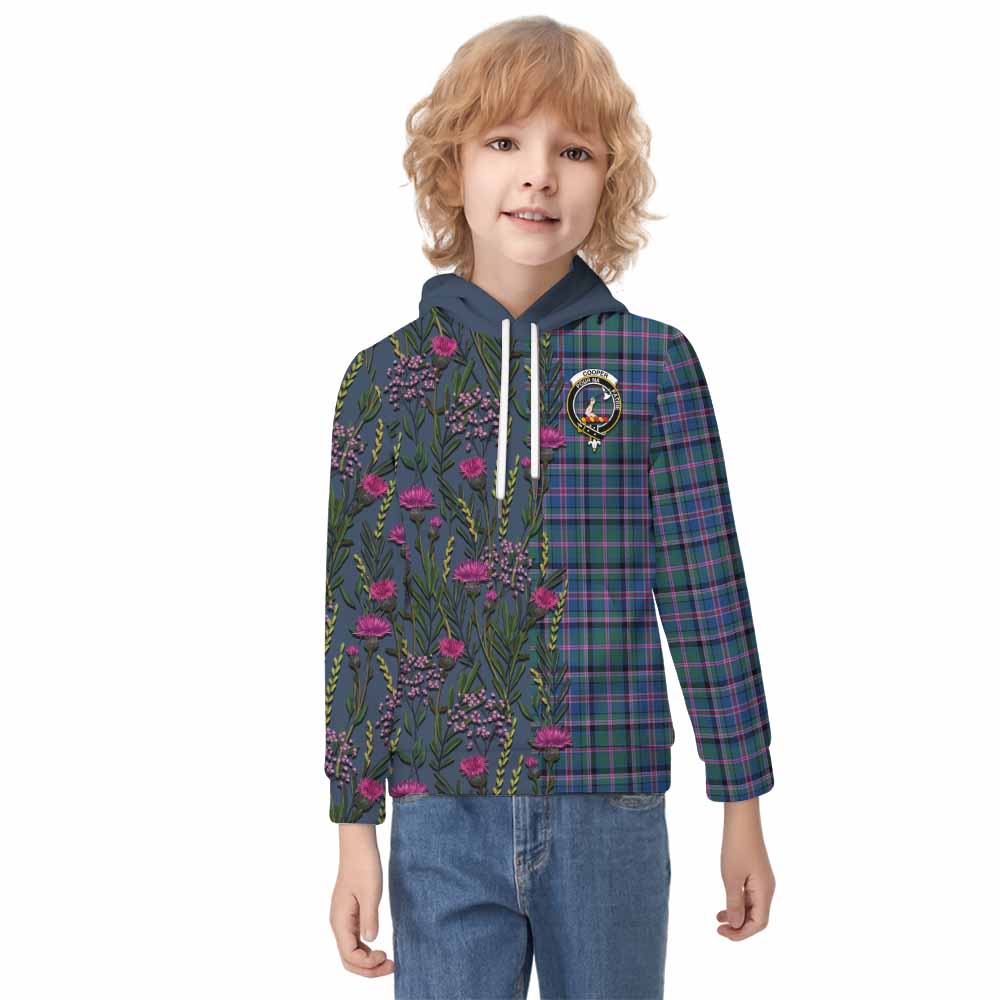 Cooper Family Crest Tartan Kid Hoodie Scottish Thistle Flower Pattern Half Style - Tartan Vibes Clothing