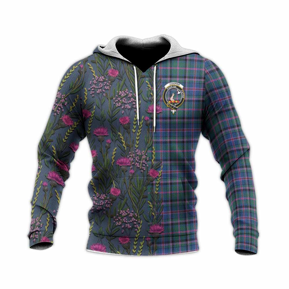 Cooper Family Crest Tartan Knitted Hoodie Scottish Thistle Flower Pattern Half Style - Tartan Vibes Clothing