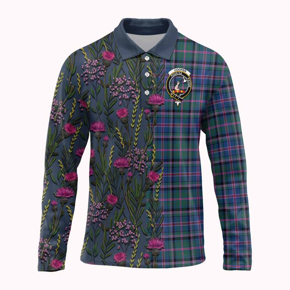 Cooper Family Crest Tartan Long Sleeve Polo Shirt Scottish Thistle Flower Pattern Half Style - Tartan Vibes Clothing
