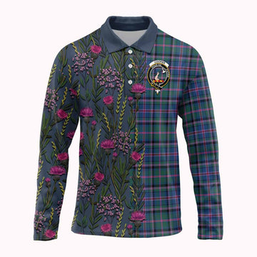 Cooper Family Crest Tartan Long Sleeve Polo Shirt Scottish Thistle Flower Pattern Half Style