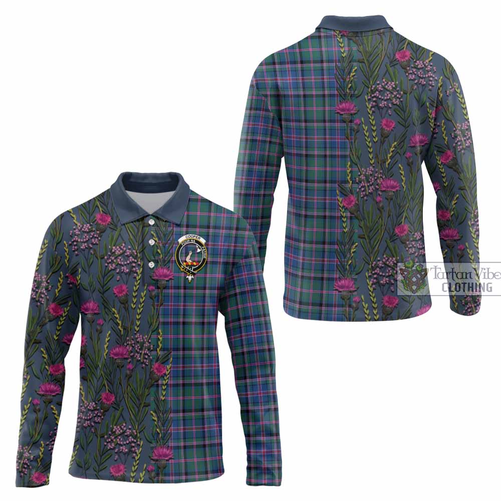 Cooper Family Crest Tartan Long Sleeve Polo Shirt Scottish Thistle Flower Pattern Half Style - Tartan Vibes Clothing