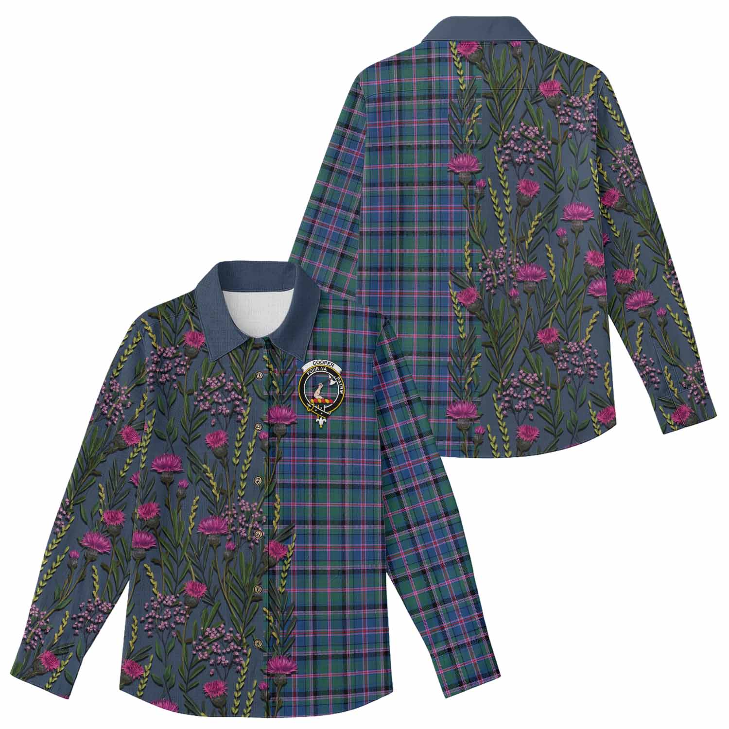 Cooper Family Crest Tartan Women Casual Shirt Scottish Thistle Flower Pattern Half Style - Tartan Vibes Clothing