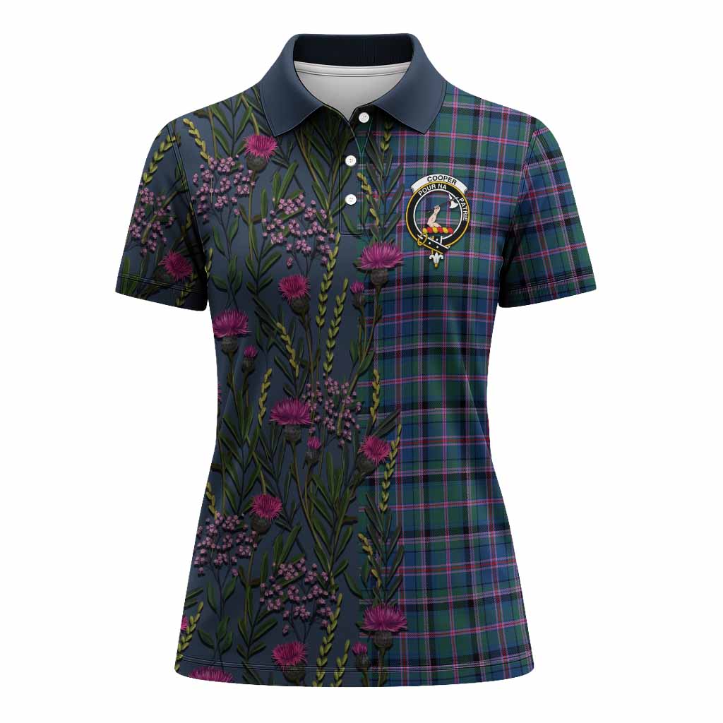 Cooper Family Crest Tartan Women Polo Shirt Scottish Thistle Flower Pattern Half Style - Tartan Vibes Clothing