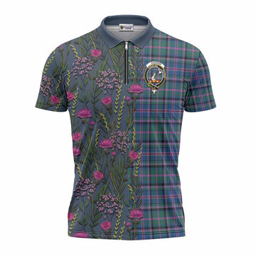 Cooper Family Crest Tartan Zipper Polo Shirt Scottish Thistle Flower Pattern Half Style