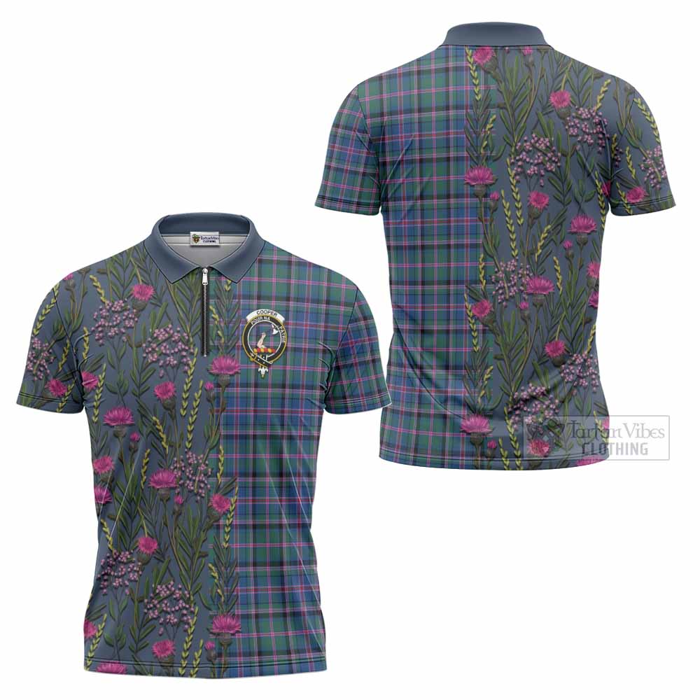 Cooper Family Crest Tartan Zipper Polo Shirt Scottish Thistle Flower Pattern Half Style - Tartan Vibes Clothing