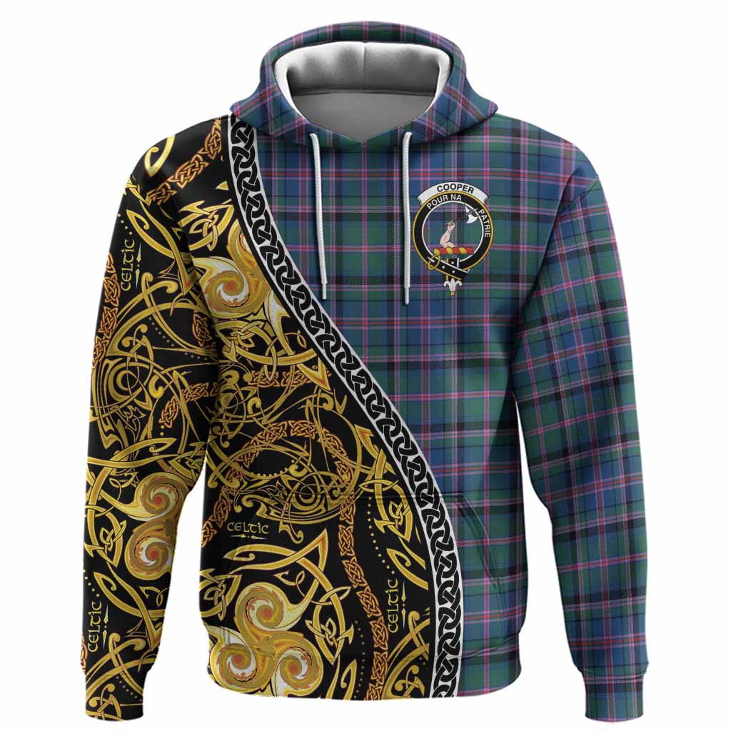 Cooper Tartan Crest Hoodie Celtic Knot and Triple Trickle Spiral Symbols