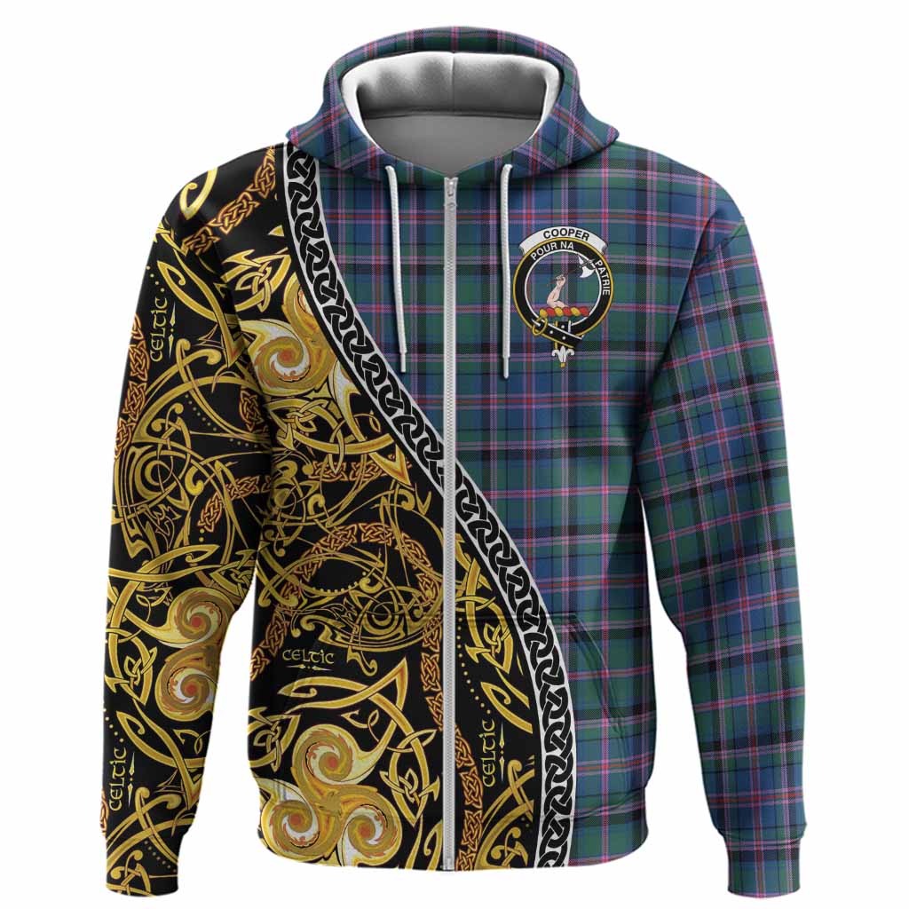 Cooper Tartan Crest Hoodie Celtic Knot and Triple Trickle Spiral Symbols