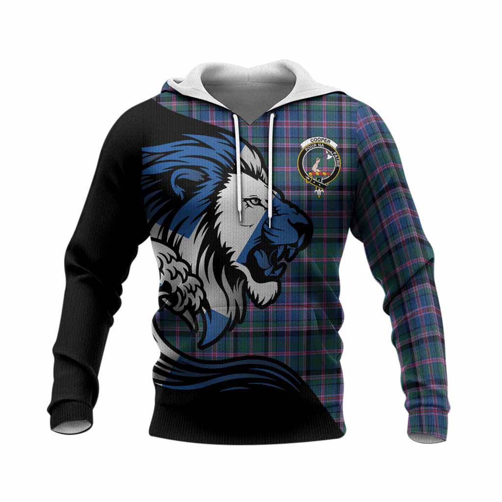 Cooper Tartan Crest Knitted Hoodie Scottish Golden Lions Wave Flow