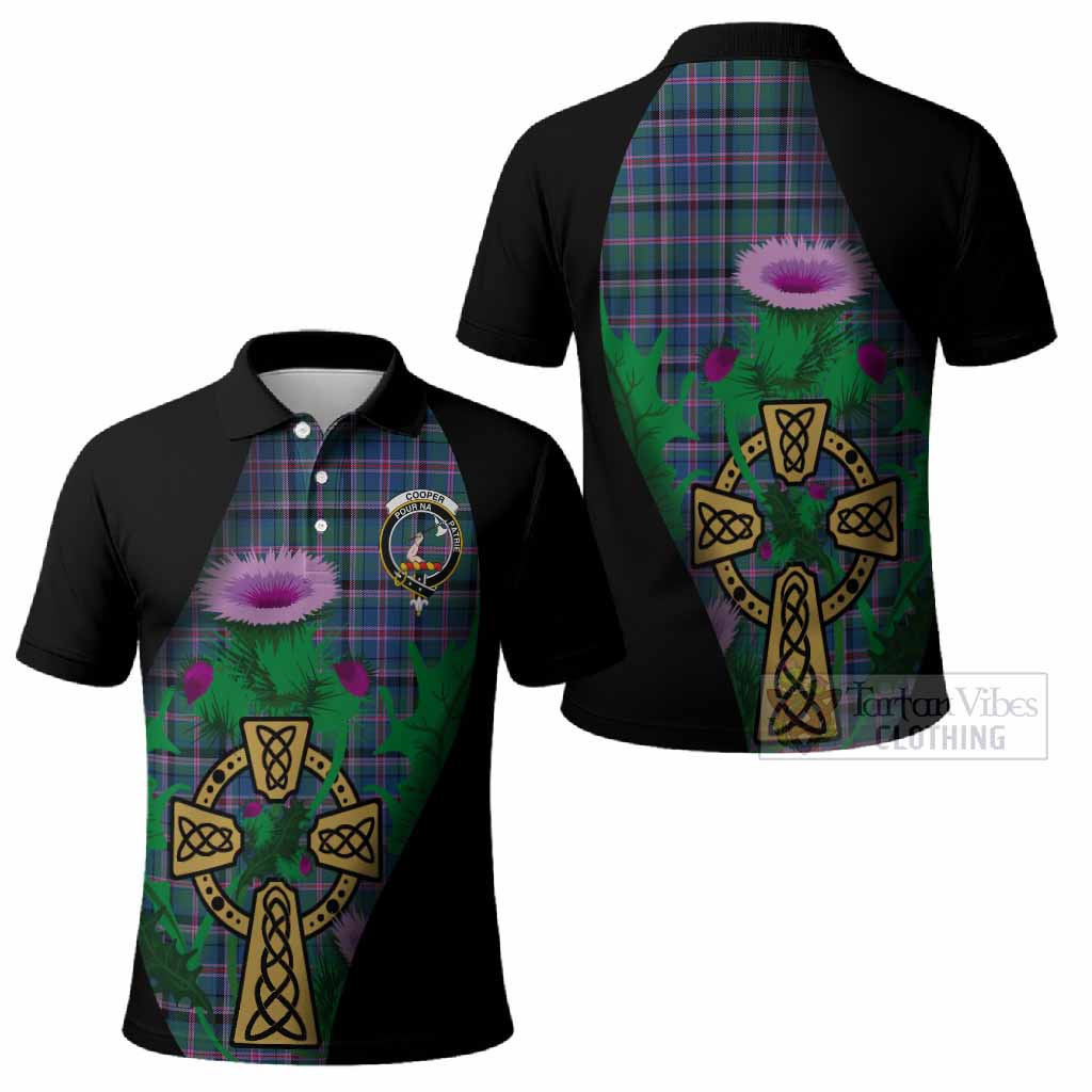 Cooper Tartan Crest Polo Shirt Celtic Cross Thistle Flowers
