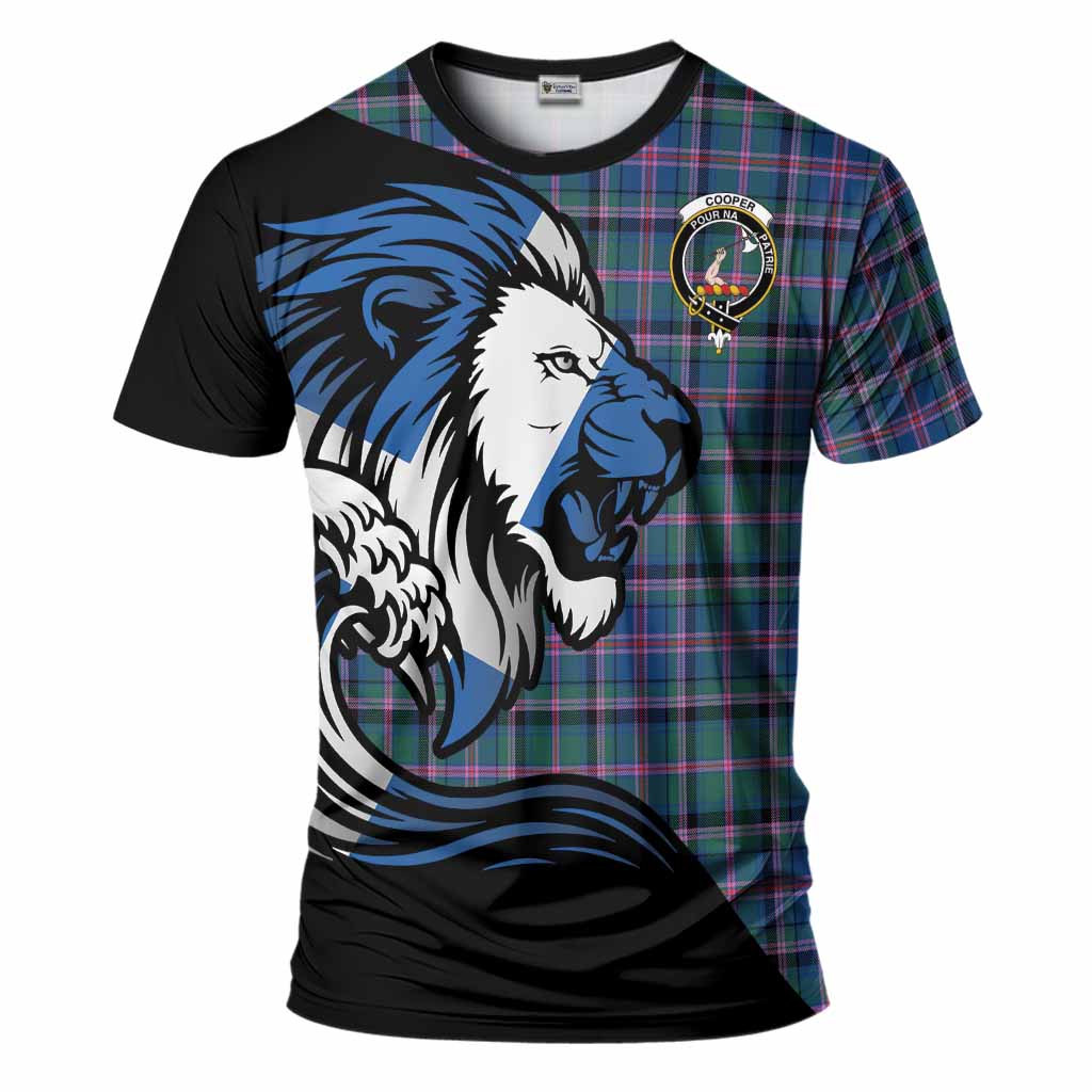 Cooper Tartan Crest T-Shirt Scottish Golden Lions Wave Flow