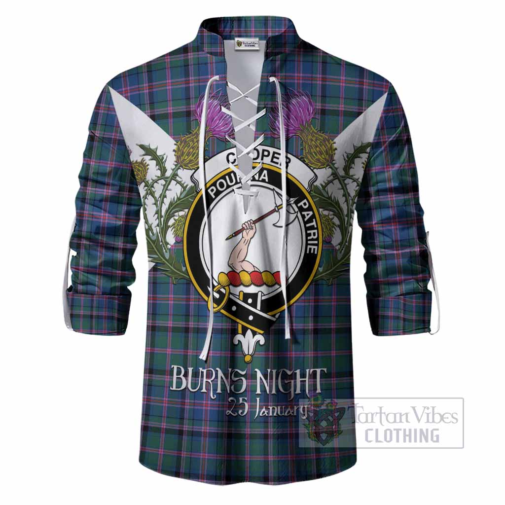 Cooper Tartan Family Crest Ghillie Shirt Scottish Burns Night Thistle Floral
