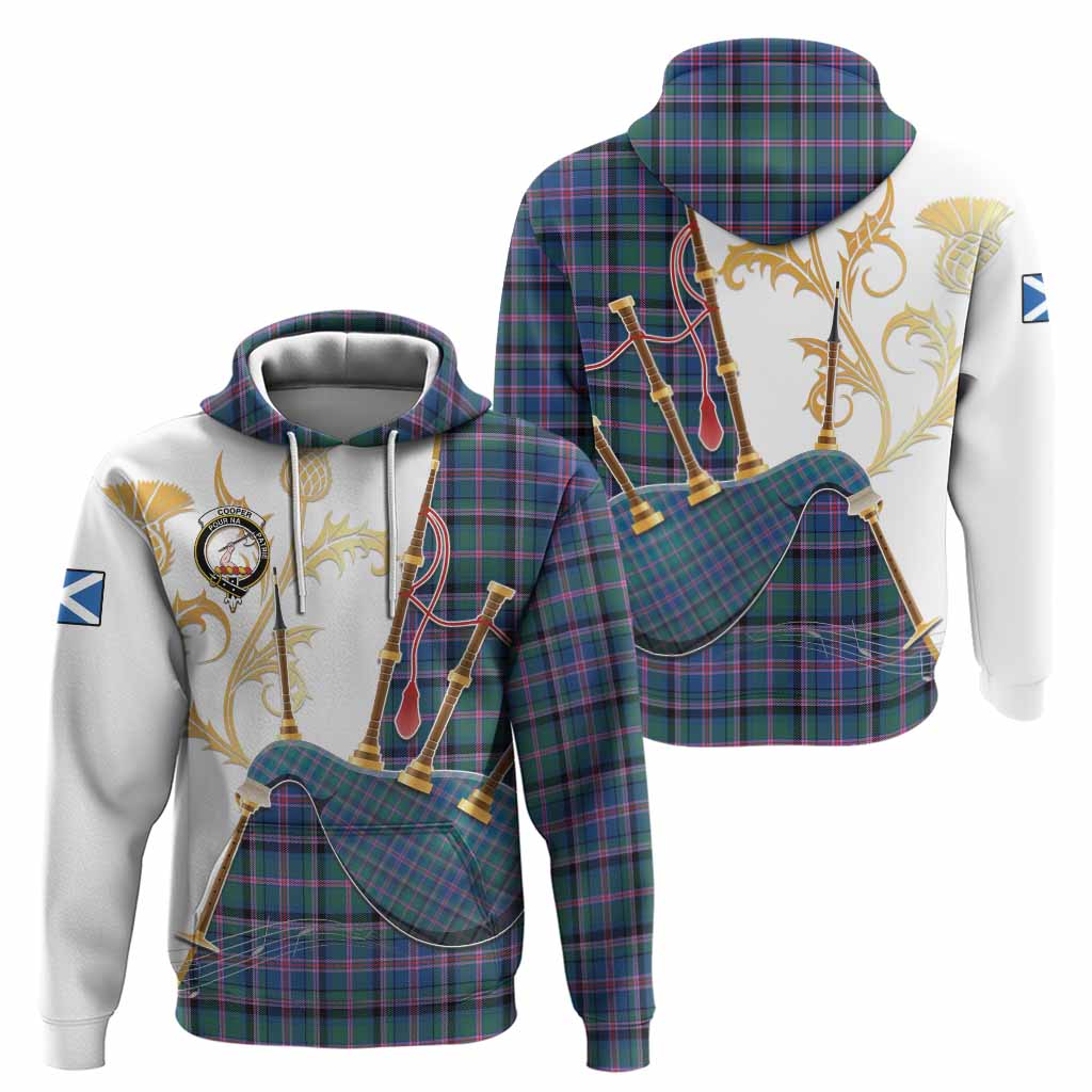 Cooper Tartan Family Crest Hoodie Bagpipes with Scottish Thistle