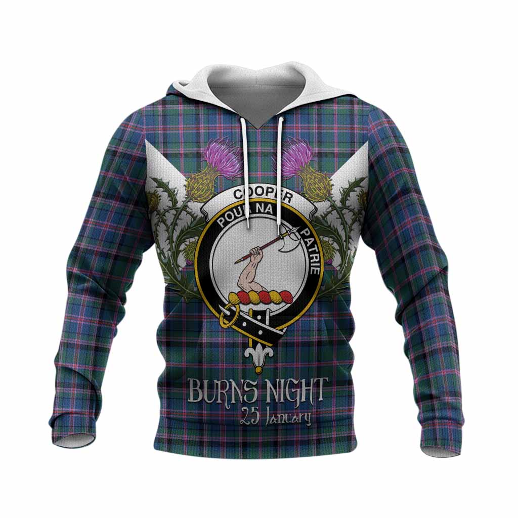 Cooper Tartan Family Crest Knitted Hoodie Scottish Burns Night Thistle Floral