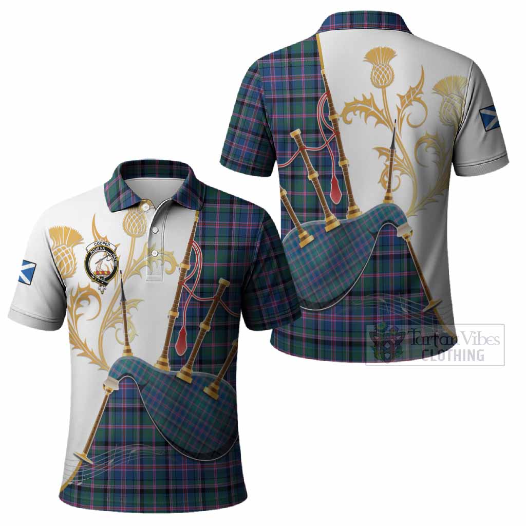 Cooper Tartan Family Crest Polo Shirt Bagpipes with Scottish Thistle