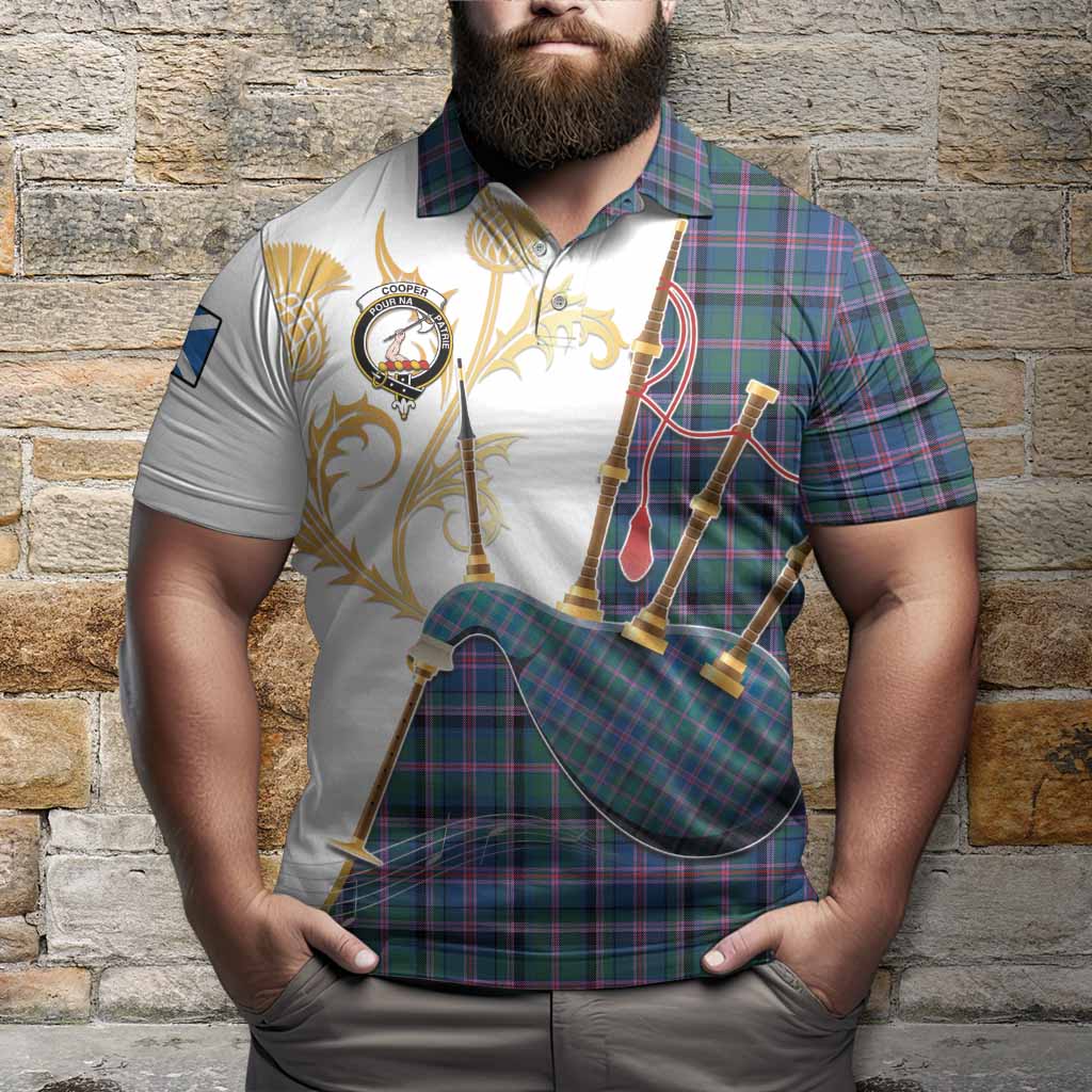 Cooper Tartan Family Crest Polo Shirt Bagpipes with Scottish Thistle