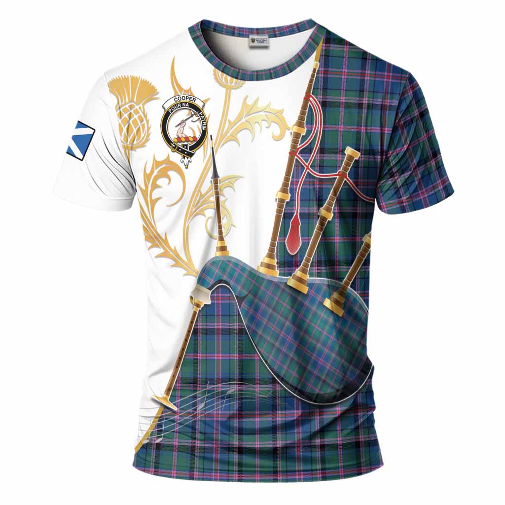 Cooper Tartan Family Crest T-Shirt Bagpipes with Scottish Thistle