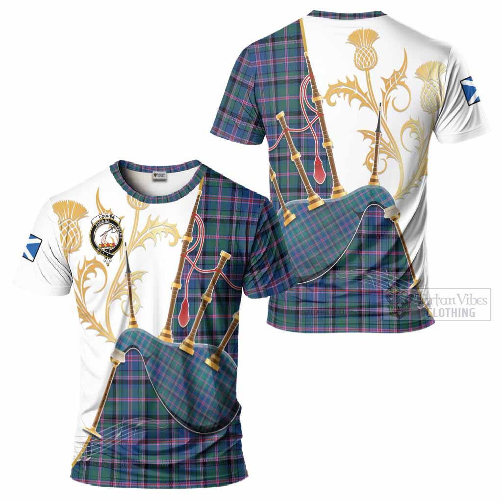 Cooper Tartan Family Crest T-Shirt Bagpipes with Scottish Thistle