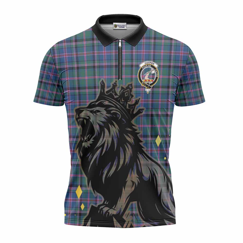 Cooper Tartan Family Crest Zipper Polo Shirt Crowned Lion Roaring
