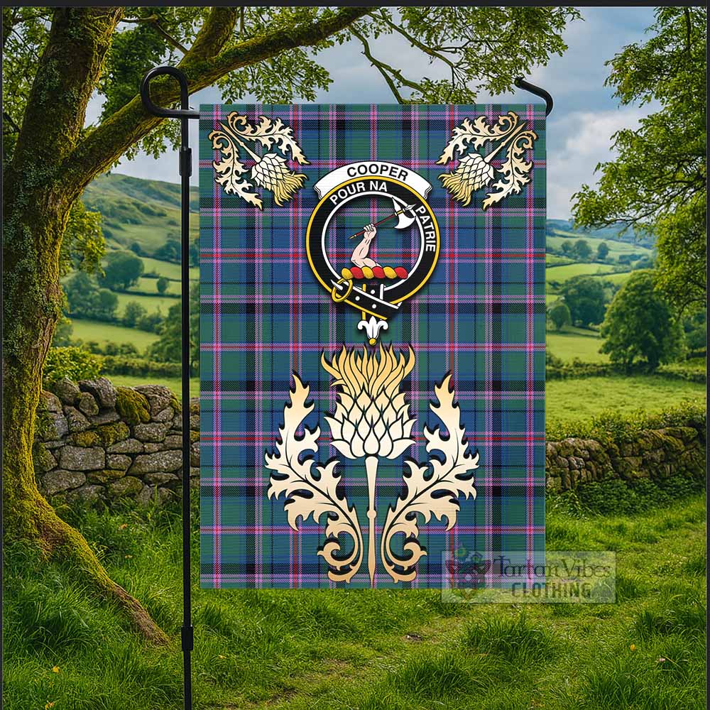 Cooper Tartan Garden Flag with Golden Regal Scottish Thistle Emblem - Tartan Vibes Clothing
