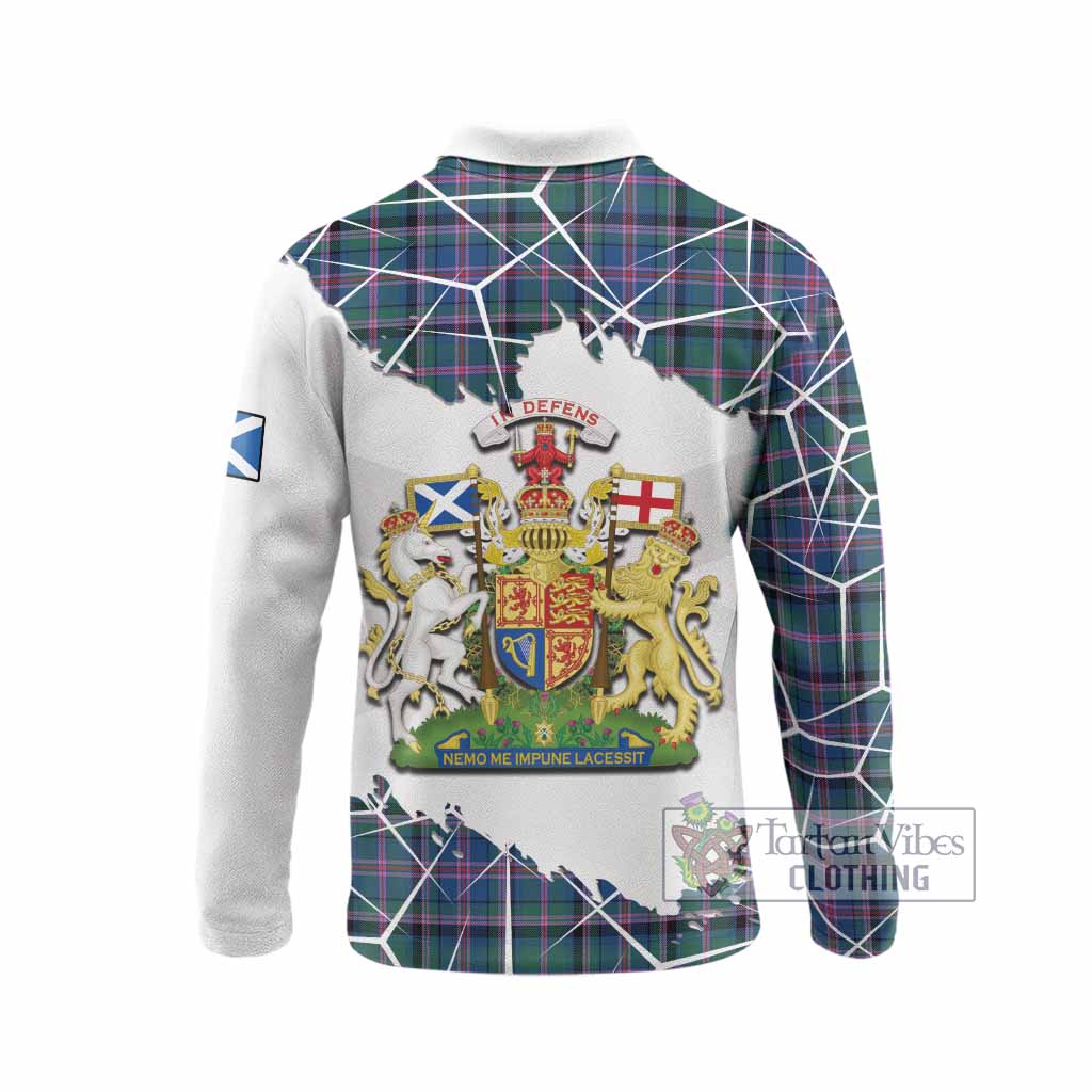 Cooper Tartan Long Sleeve Polo Shirt with Family Crest and Lion Rampant Grunge Style