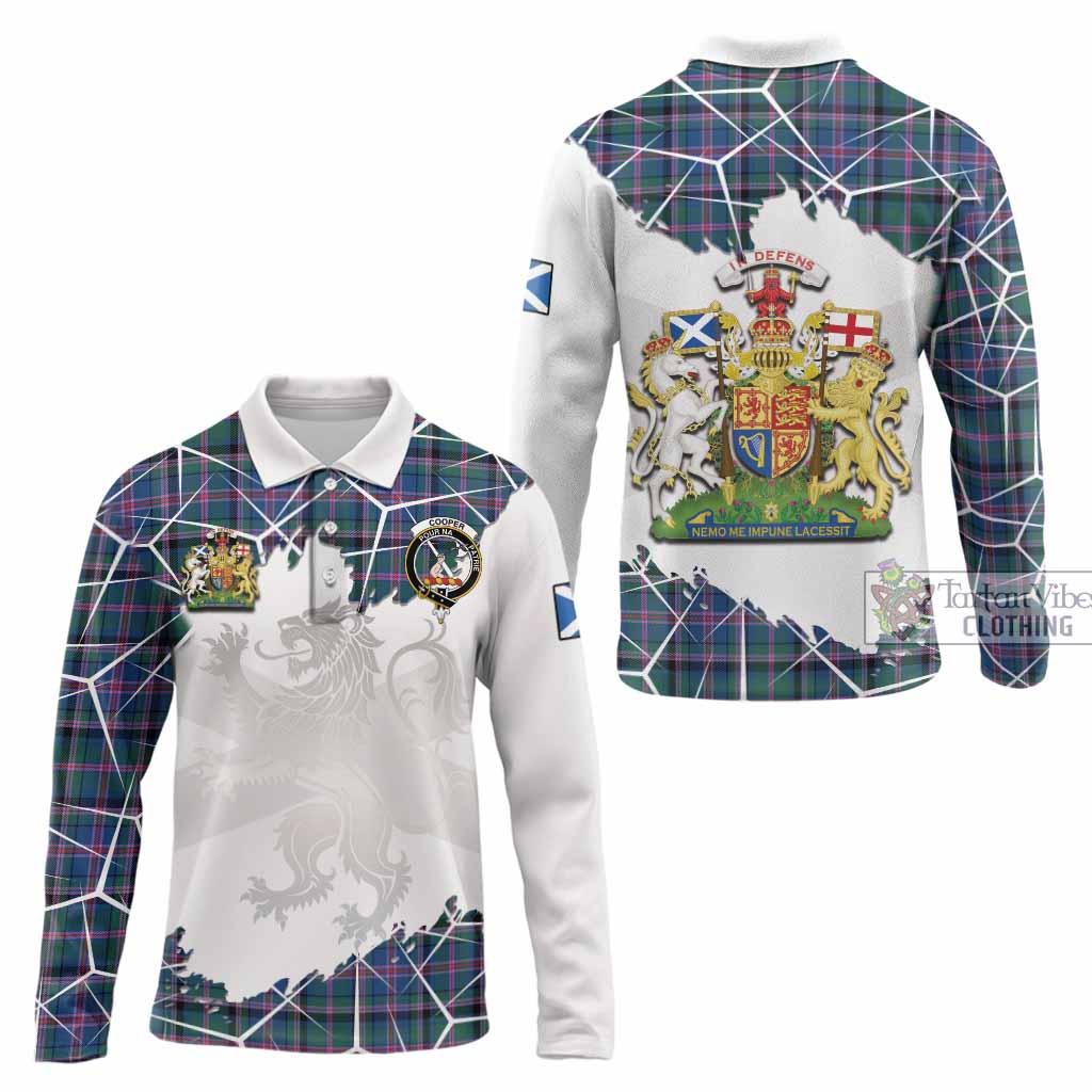 Cooper Tartan Long Sleeve Polo Shirt with Family Crest and Lion Rampant Grunge Style