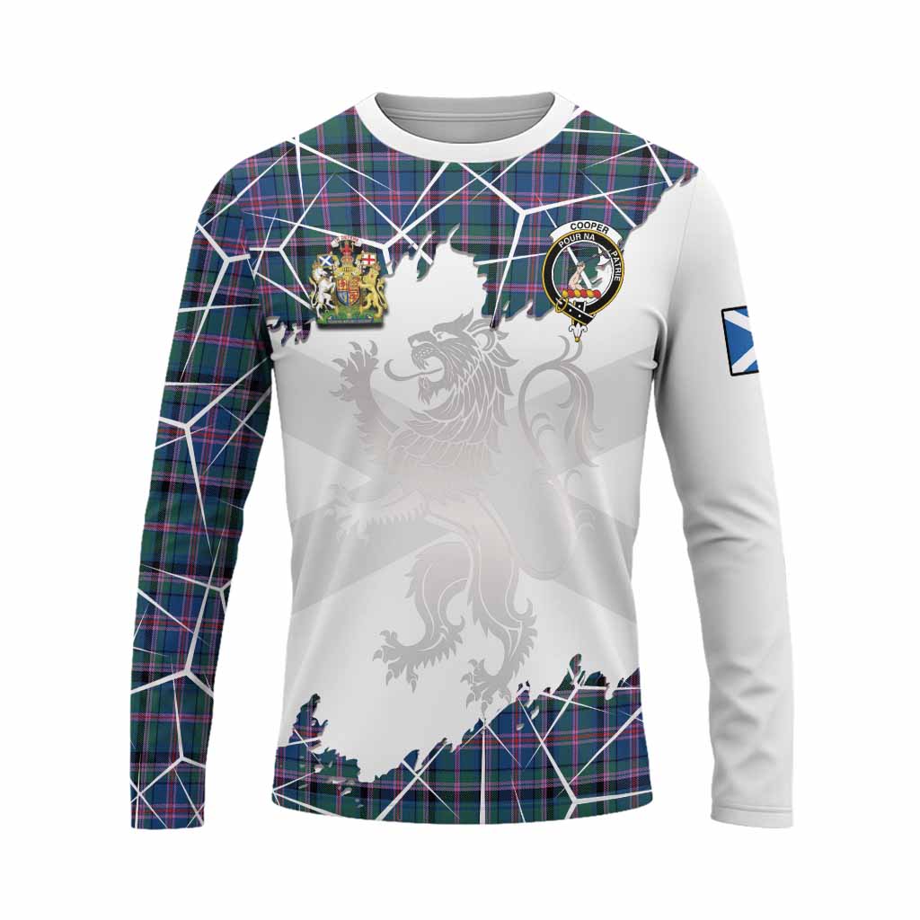 Cooper Tartan Long Sleeve T-Shirt with Family Crest and Lion Rampant Grunge Style