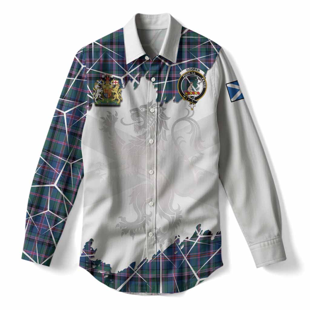 Cooper Tartan Women Casual Shirt with Family Crest and Lion Rampant Grunge Style