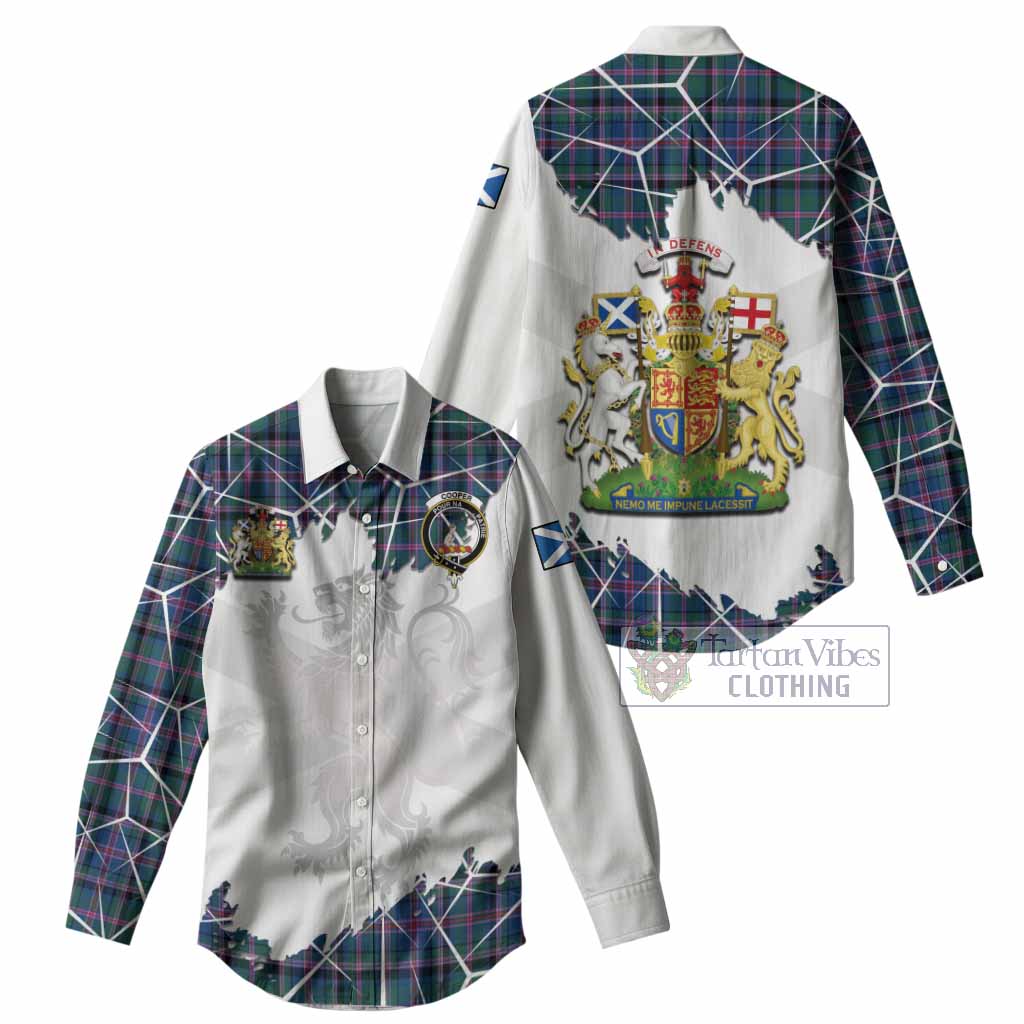Cooper Tartan Women Casual Shirt with Family Crest and Lion Rampant Grunge Style