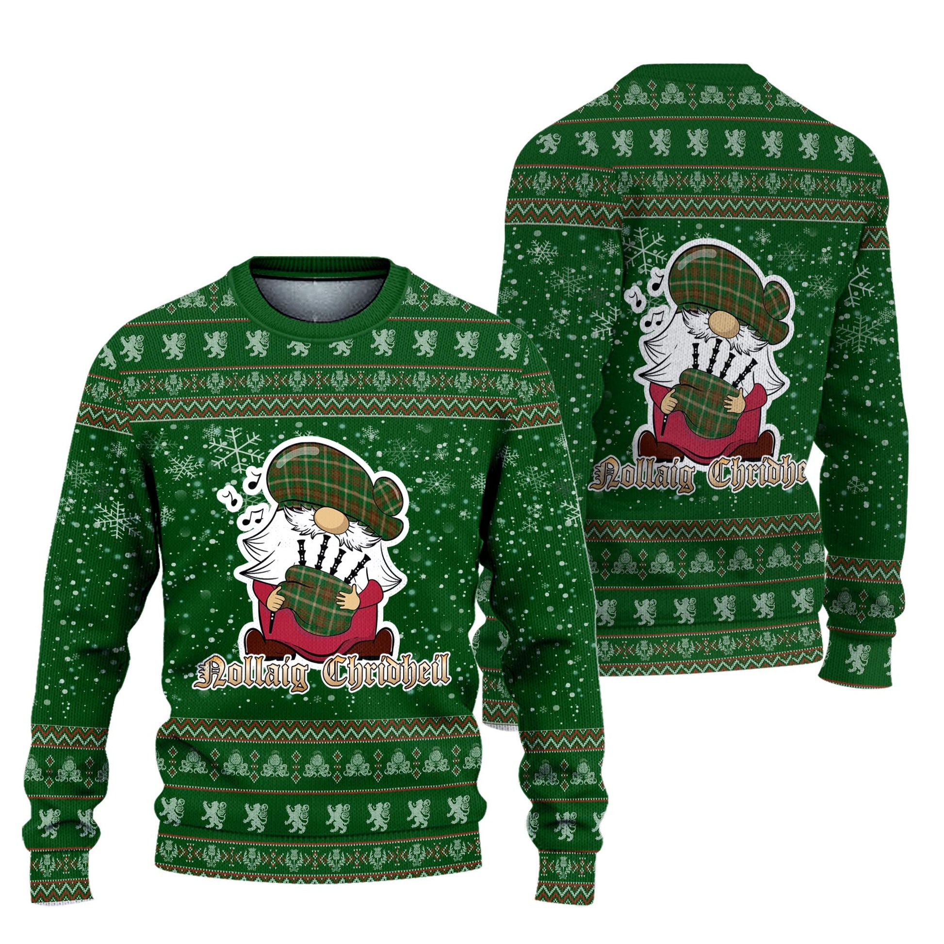 Copeland Clan Christmas Family Knitted Sweater with Funny Gnome Playing Bagpipes Unisex Green - Tartanvibesclothing