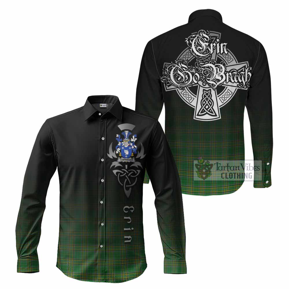 Tartan Vibes Clothing Coppinger Irish Clan Long Sleeve Button Shirt with Coat of Arms Erin Go Bragh Celtic Inspired