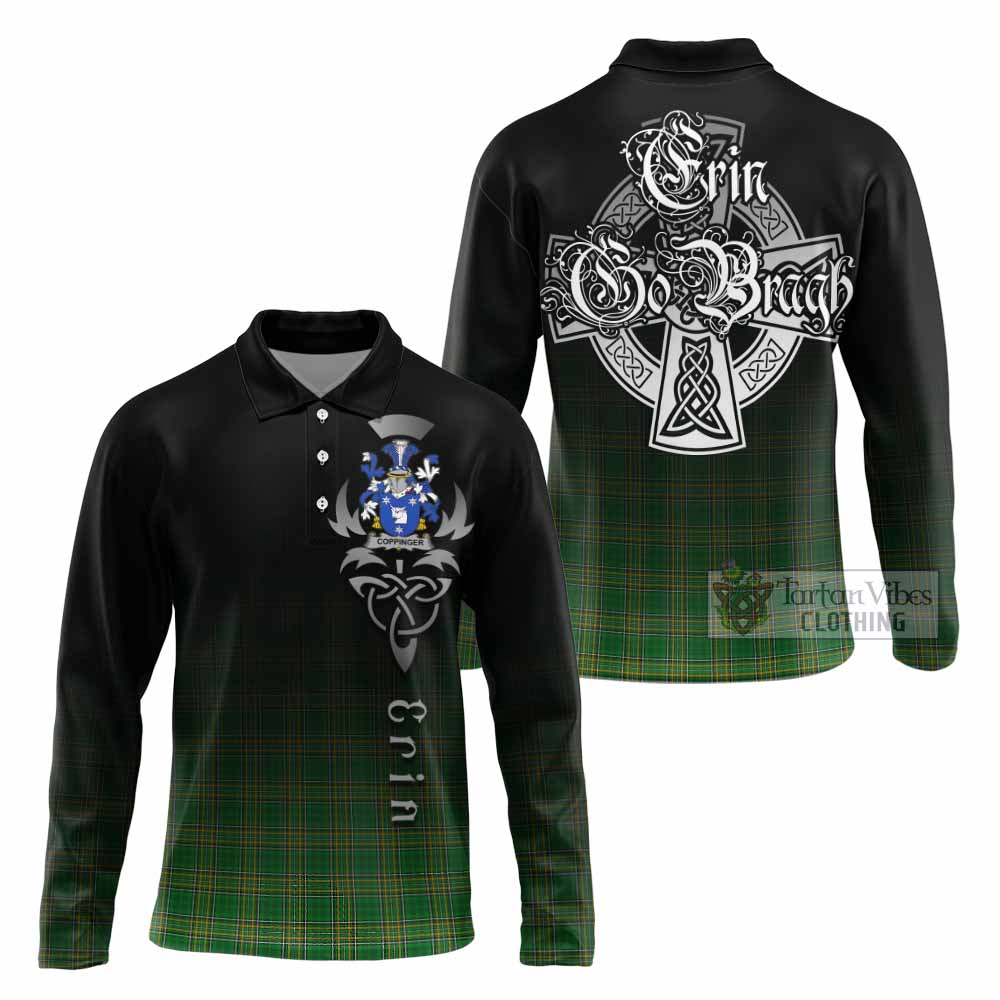 Tartan Vibes Clothing Coppinger Irish Clan Long Sleeve Polo Shirt with Coat of Arms Erin Go Bragh Celtic Inspired