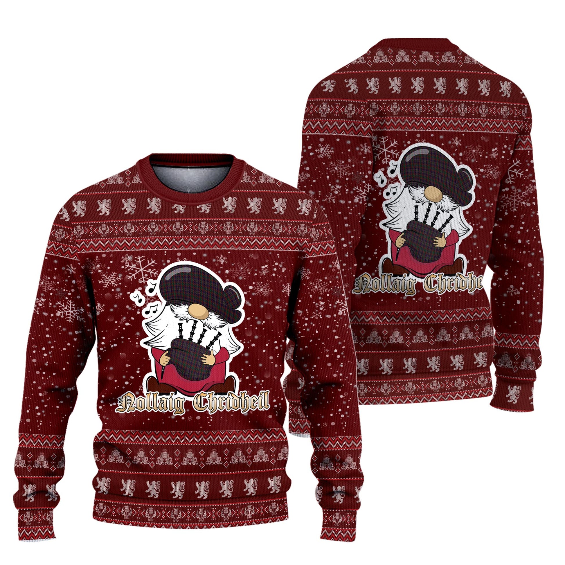 Cork County Ireland Clan Christmas Family Knitted Sweater with Funny Gnome Playing Bagpipes Unisex Red - Tartanvibesclothing