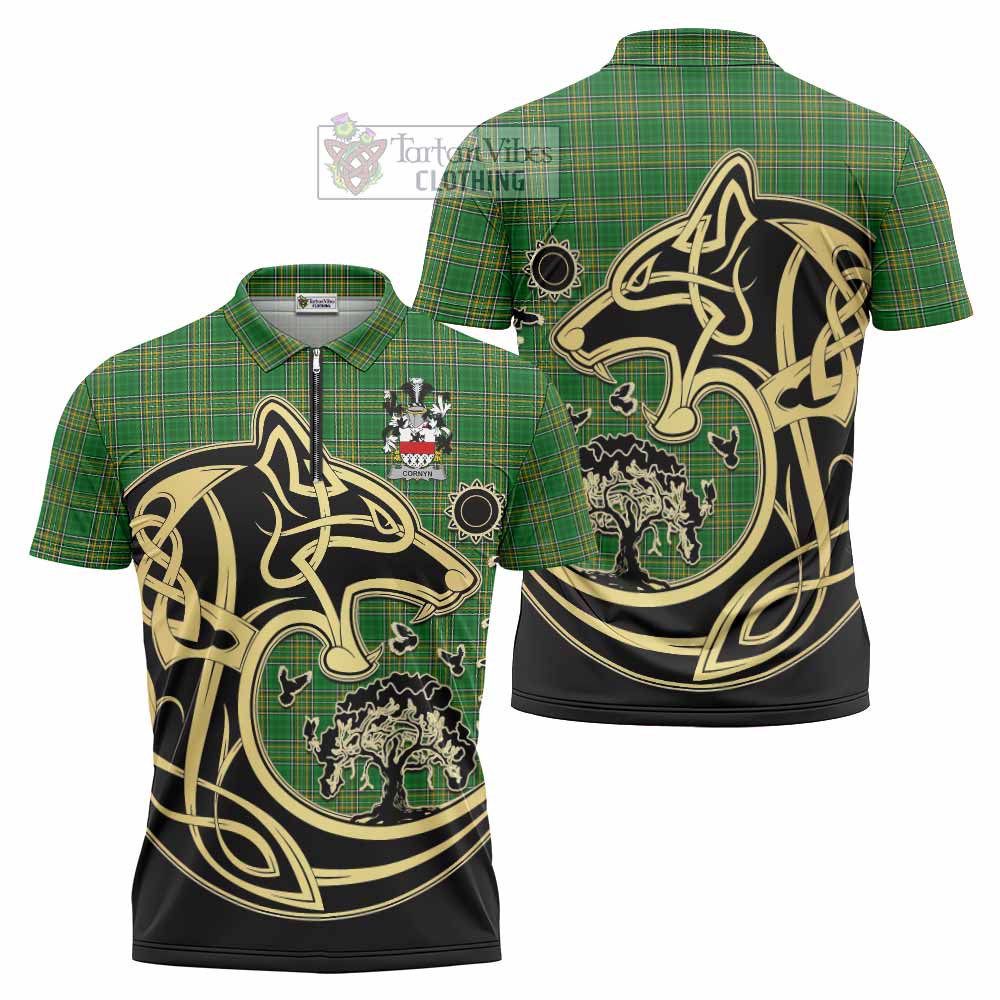 Cornyn Irish Tartan Zipper Polo Shirt with Coat of Arms Celtic Wolf Style - Tartan Vibes Clothing