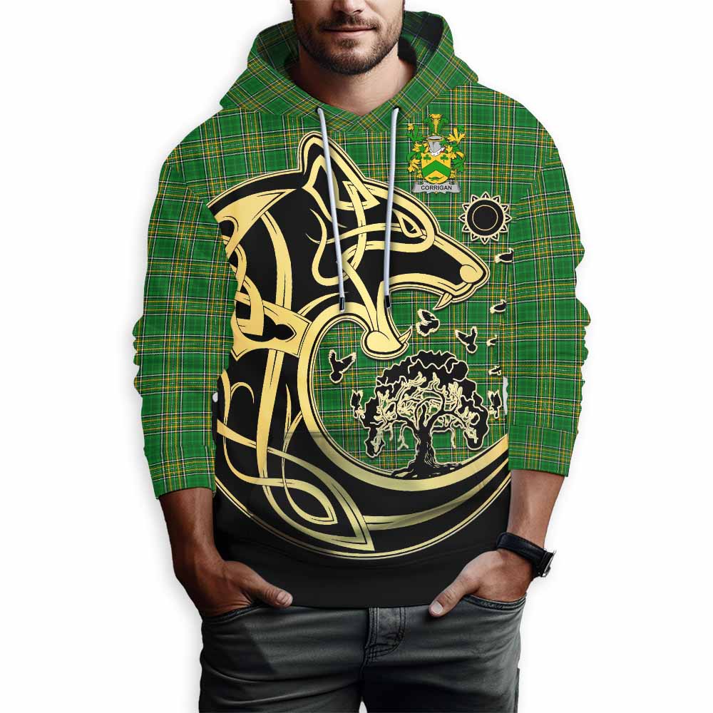 Corrigan Irish Tartan Hoodie with Coat of Arms Celtic Wolf Style Pullover Hoodie - Tartan Vibes Clothing