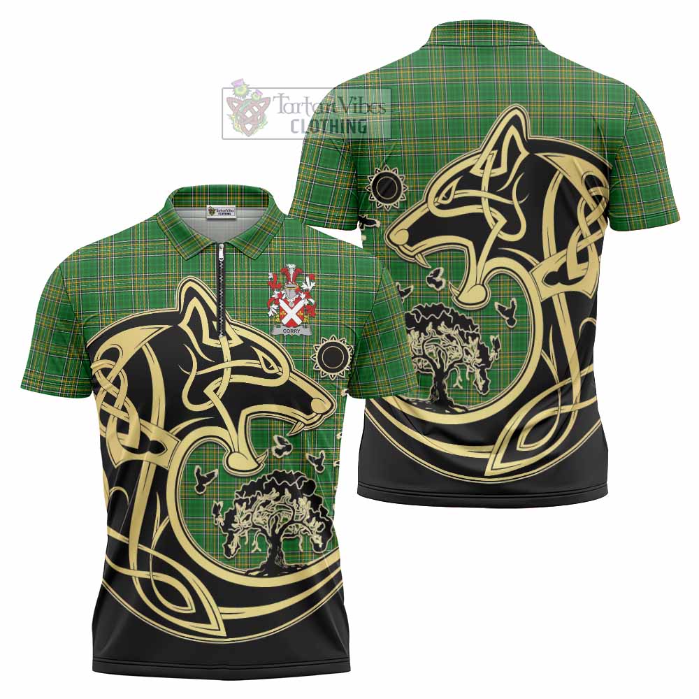Corry Irish Tartan Zipper Polo Shirt with Coat of Arms Celtic Wolf Style - Tartan Vibes Clothing