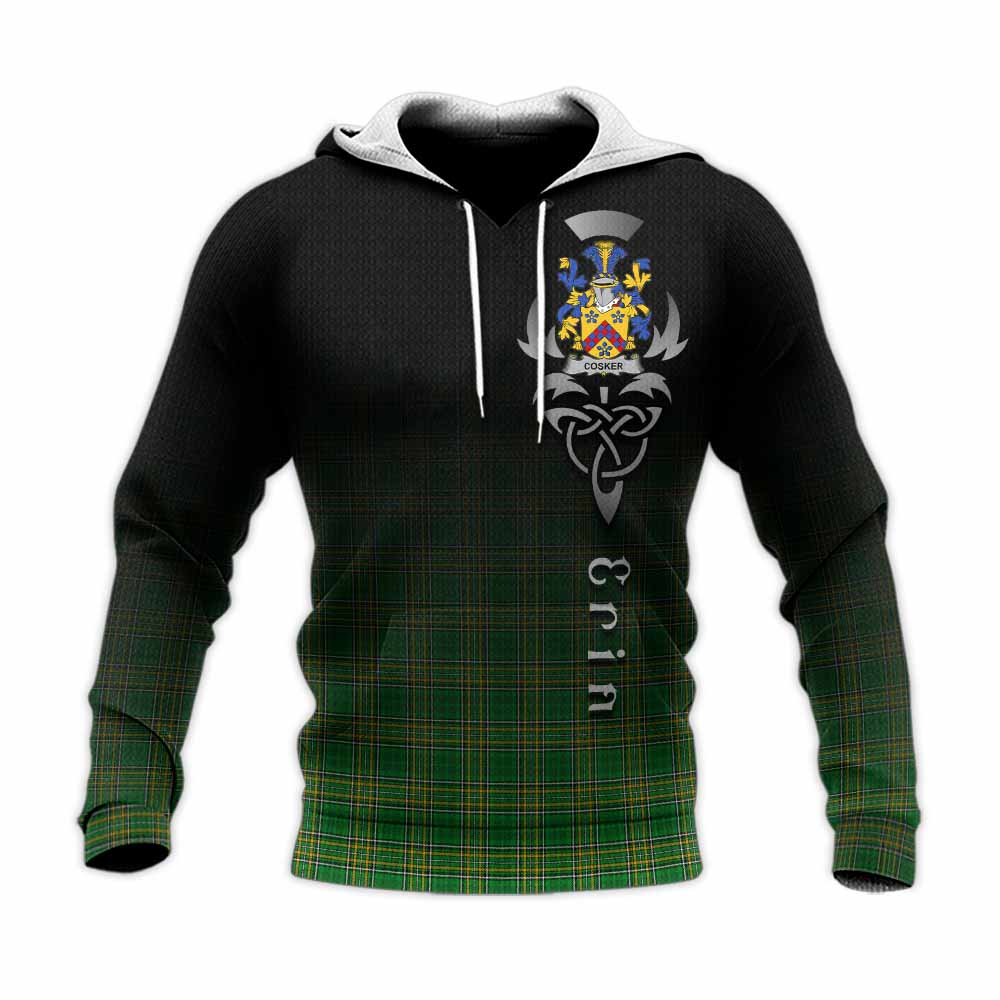 Tartan Vibes Clothing Cosker Irish Clan Knitted Hoodie with Coat of Arms Erin Go Bragh Celtic Inspired
