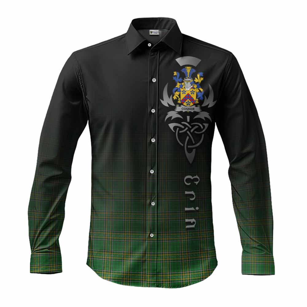 Tartan Vibes Clothing Cosker Irish Clan Long Sleeve Button Shirt with Coat of Arms Erin Go Bragh Celtic Inspired
