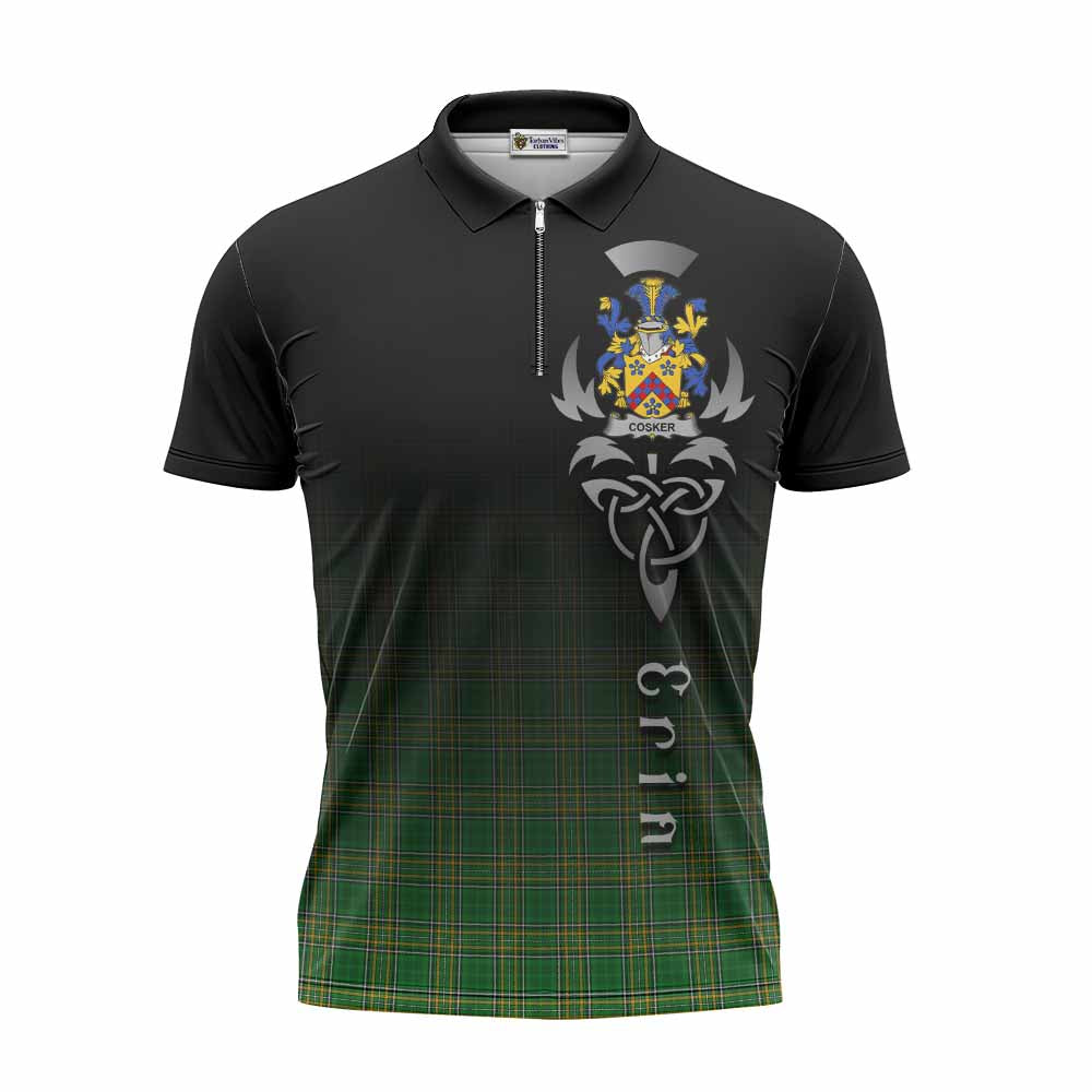 Tartan Vibes Clothing Cosker Irish Clan Zipper Polo Shirt with Coat of Arms Erin Go Bragh Celtic Inspired