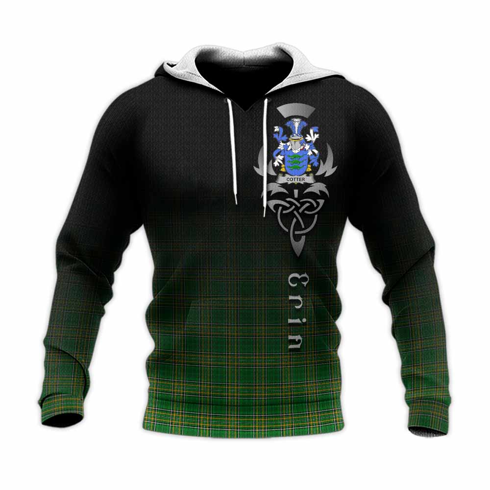 Tartan Vibes Clothing Cotter Irish Clan Knitted Hoodie with Coat of Arms Erin Go Bragh Celtic Inspired