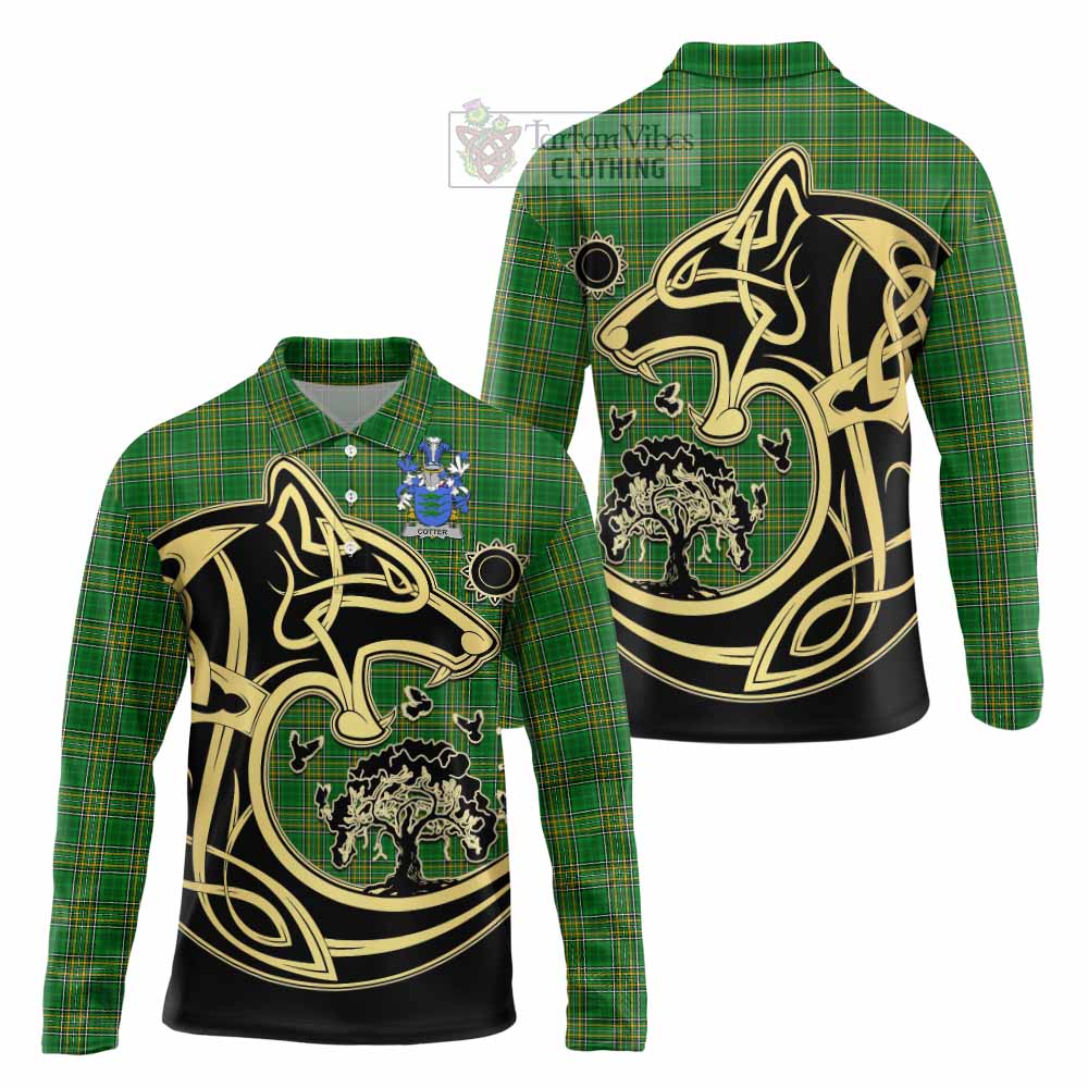 Cotter Irish Tartan Long Sleeve Polo Shirt with Coat of Arms Celtic Wolf Style - Tartan Vibes Clothing