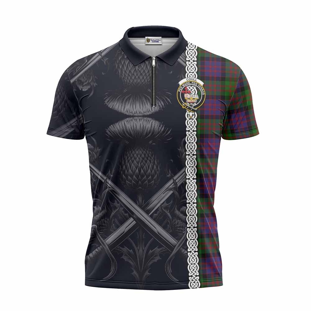 Coull Tartan Zipper Polo Shirt with Family Crest Cross Sword Thistle Celtic Vibes Unisex - Tartan Vibes Clothing