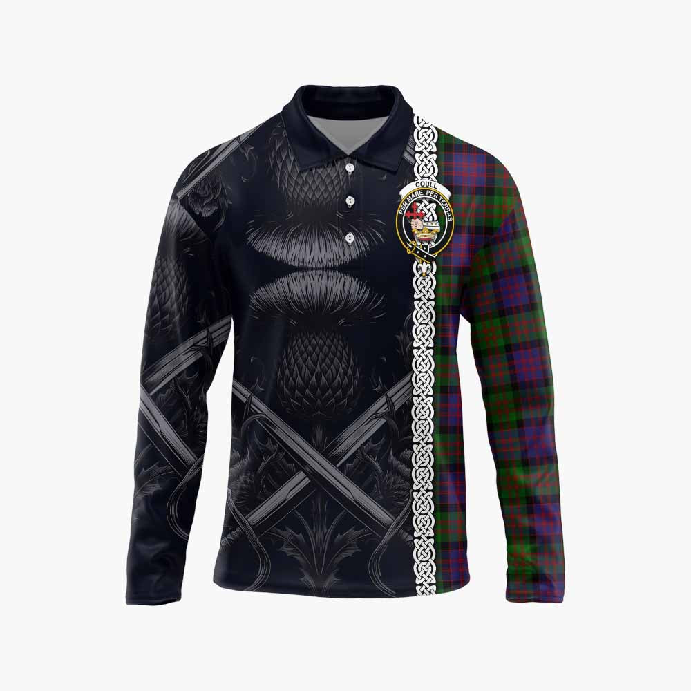 Coull Tartan Long Sleeve Polo Shirt with Family Crest Cross Sword Thistle Celtic Vibes Unisex - Tartan Vibes Clothing