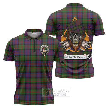Coull Tartan Zipper Polo Shirt with Family Crest and Bearded Skull Holding Bottles of Whiskey Unisex - Tartan Vibes Clothing