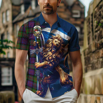 Tartan Vibes Clothing Coull Tartan Family Crest Short Sleeve Button Shirt with Scottish Majestic Lion