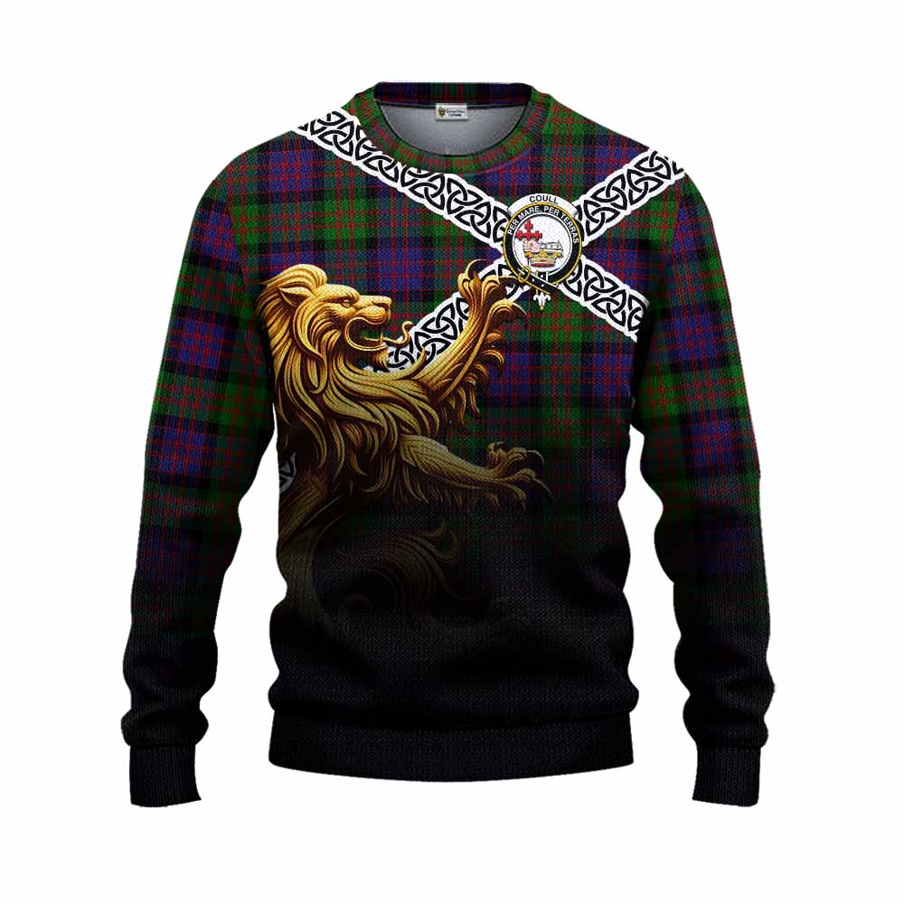 Coull Crest Tartan Knitted Sweater with Golden Lion Emblem Celtic Style Unisex - Tartan Vibes Clothing
