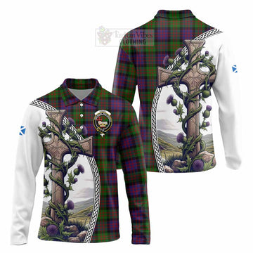 Coull Tartan Long Sleeve Polo Shirt with Family Crest and St. Andrew's Cross Accented by Thistle Vines Unisex - Tartan Vibes Clothing